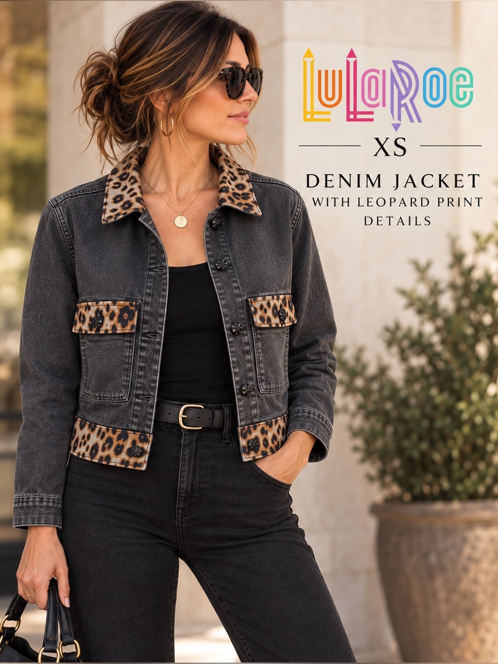 LuLaRoe Kenny XS Charcoal Denim Leopard Print Trucker Jacket Stretch Cotton